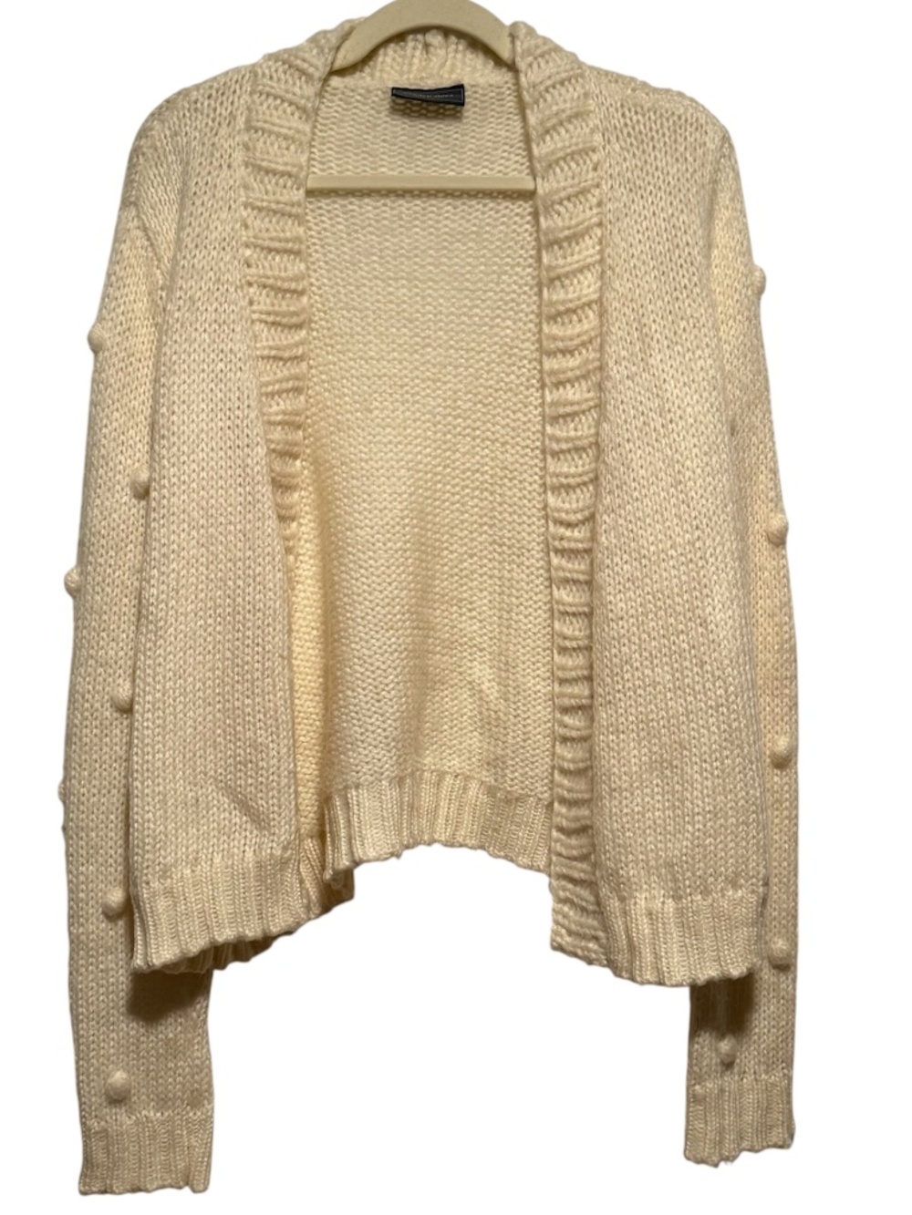 Wooden Ships Pom Pom Sleeve Wool Blend Open Front Cardigan Sweater Cream S/M